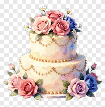Wedding Cake With Pink And Blue Roses PNG