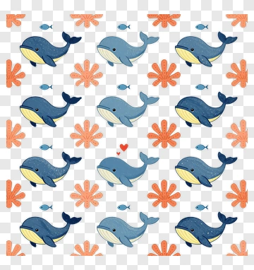 Cartoon Whales And Flowers Pattern PNG