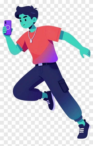 Cartoon Young Man Running With A Phone PNG