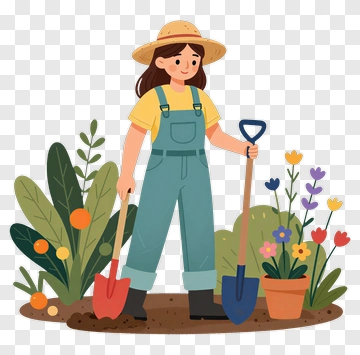 Gardener Holding Shovels In A Flower Bed PNG