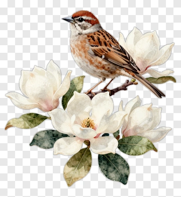 Sparrow Sitting On Magnolia Flowers PNG