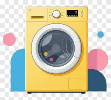 Yellow Washing Machine With Colorful Background Elements PNG