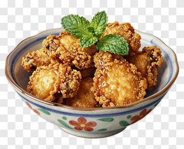 Bowl Of Fried Chicken With Mint Leaves PNG