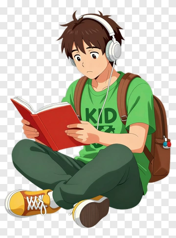 Boy Reading A Book While Listening To Music PNG