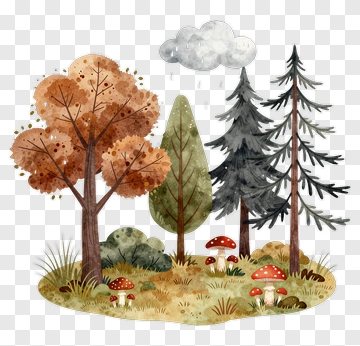 Colorful Forest With Various Trees And Mushrooms PNG