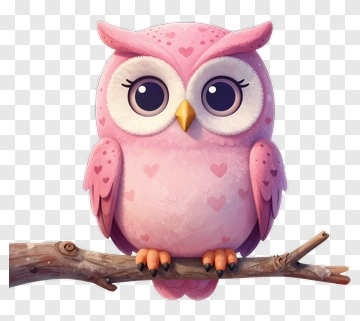 Cartoon Pink Owl Sitting On A Branch PNG
