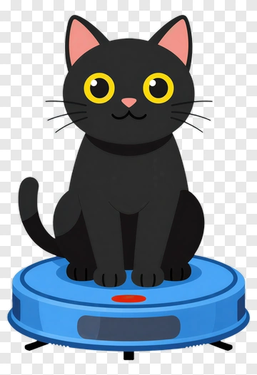 Black Cat Sitting On A Robotic Vacuum PNG