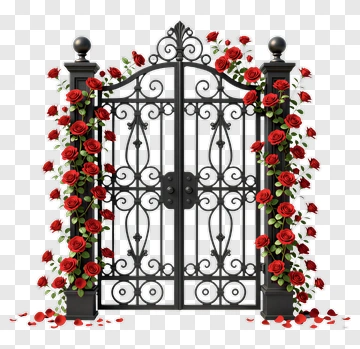 Elegant Black Gate With Red Roses PNG