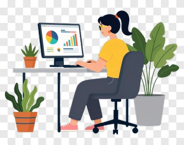 Woman Working At A Desk With A Computer And Plants PNG
