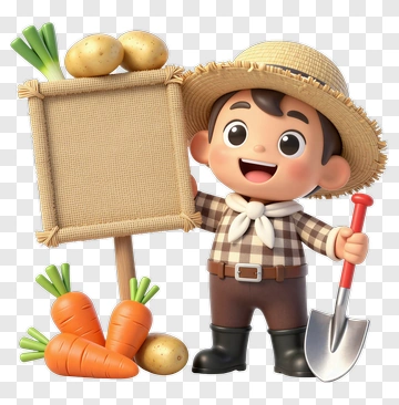 3D Farmer Holding A Shovel With Vegetables PNG