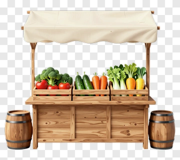 Wooden Vegetable Stand With Fresh Produce PNG