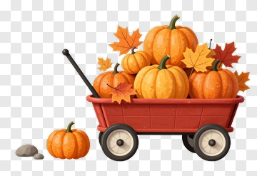 Cartoon Pumpkin Wagon Filled With Autumn Leaves PNG
