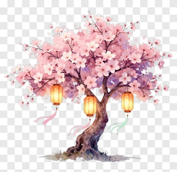 Colorful Cherry Blossom Tree With Lanterns PNG