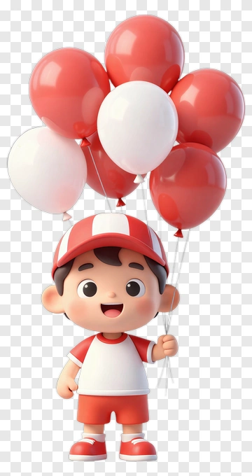Cartoon Boy Holding Red And White Balloons PNG