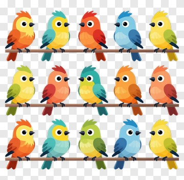 Colorful Cartoon Birds Sitting On A Branch PNG
