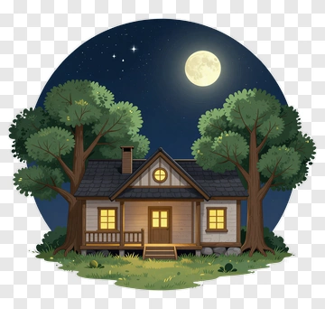 Cozy House Surrounded By Trees Under A Full Moon PNG
