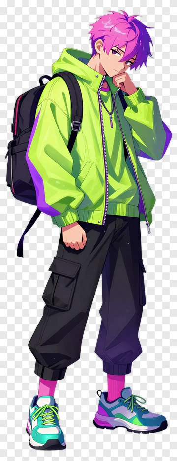 Anime Character In Neon Green Hoodie And Black Pants PNG
