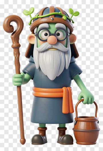 3D Cartoon Character Holding A Wooden Staff And Bucket PNG