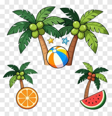 Colorful Palm Trees With Beach Ball And Fruits PNG