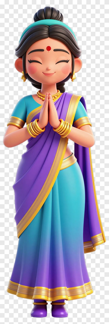 Cartoon Woman In Traditional Attire With Hands Together PNG