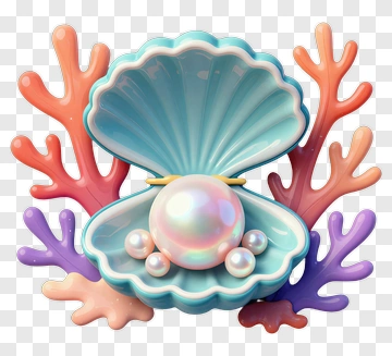 Colorful Oyster Shell With Pearls And Coral PNG