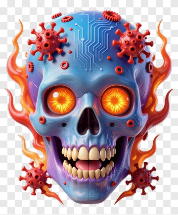 Colorful Skull With Circuitry And Virus Elements PNG