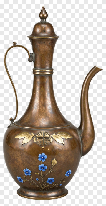 Decorative Brass Ewer With Blue Floral Design PNG