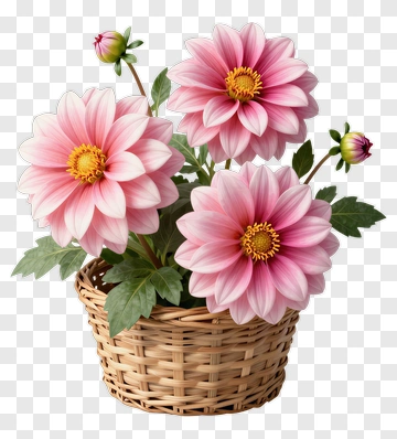 Flower Bouquet In A Woven Basket PNG