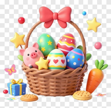 Easter Basket With Colorful Eggs And A Pig PNG