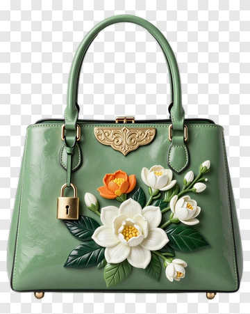 Green Handbag With Floral Design PNG