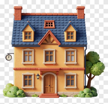 3D Yellow House With Trees PNG
