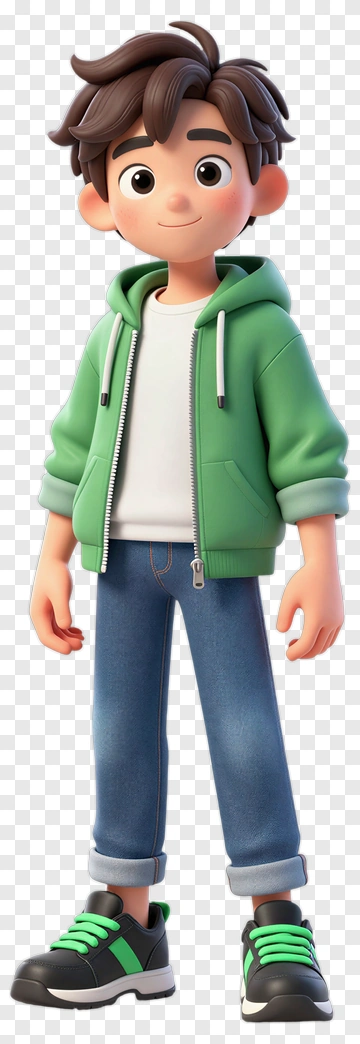 Cartoon Boy In Green Hoodie And Jeans PNG