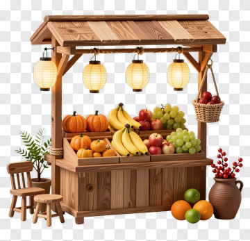 Fruit Stand With Fresh Produce And Lanterns PNG