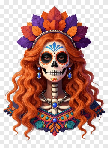 Colorful Sugar Skull Woman With Floral Crown PNG