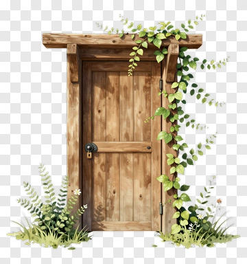Wooden Door Surrounded By Greenery PNG