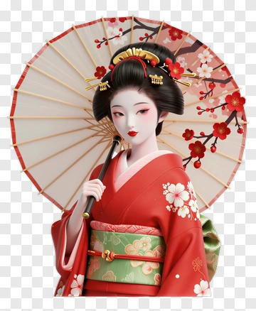 Traditional Japanese Woman Holding A Parasol PNG