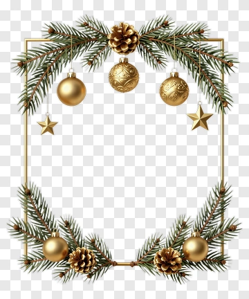 Christmas Frame With Pine Branches And Golden Ornaments PNG