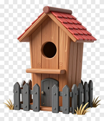 Wooden Birdhouse With Fence PNG