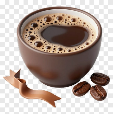 Cup Of Coffee With Coffee Beans And Ribbon PNG