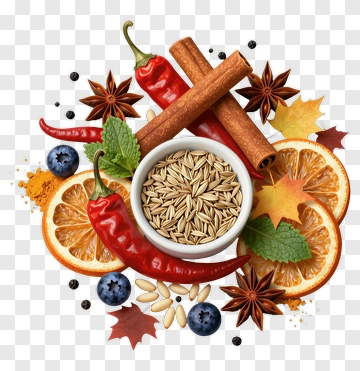 Spices And Herbs With Cinnamon And Orange Slices PNG