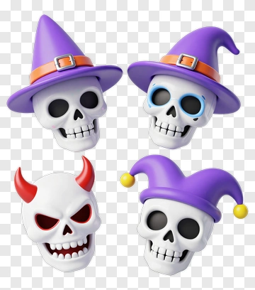 Halloween Skulls With Colorful Hats PNG
