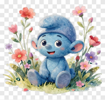 Cartoon Blue Gnome Sitting Among Colorful Flowers PNG