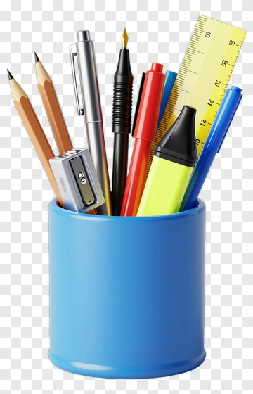 Blue Pen Holder With Various Writing Instruments PNG