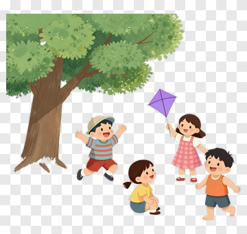 Cartoon Children Playing Under A Tree PNG