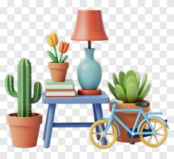 Colorful Home Decor With Plants And Bicycle PNG