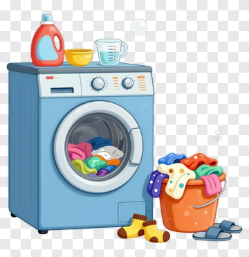 Washing Machine With Laundry Basket And Detergent PNG
