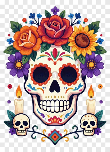 Colorful Sugar Skull With Flowers And Candles PNG