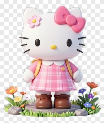 3D Hello Kitty Character Standing In A Flower Garden PNG