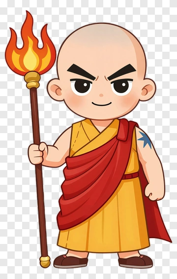 Cartoon Monk Holding A Flame Staff PNG