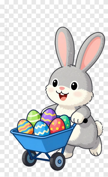 Cartoon Bunny Pushing A Wheelbarrow Full Of Easter Eggs PNG